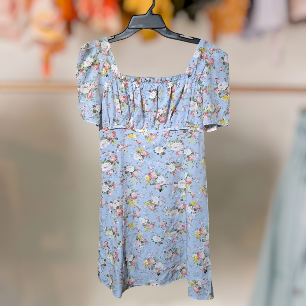 Floral Blue Dress with Ruffle Detail
